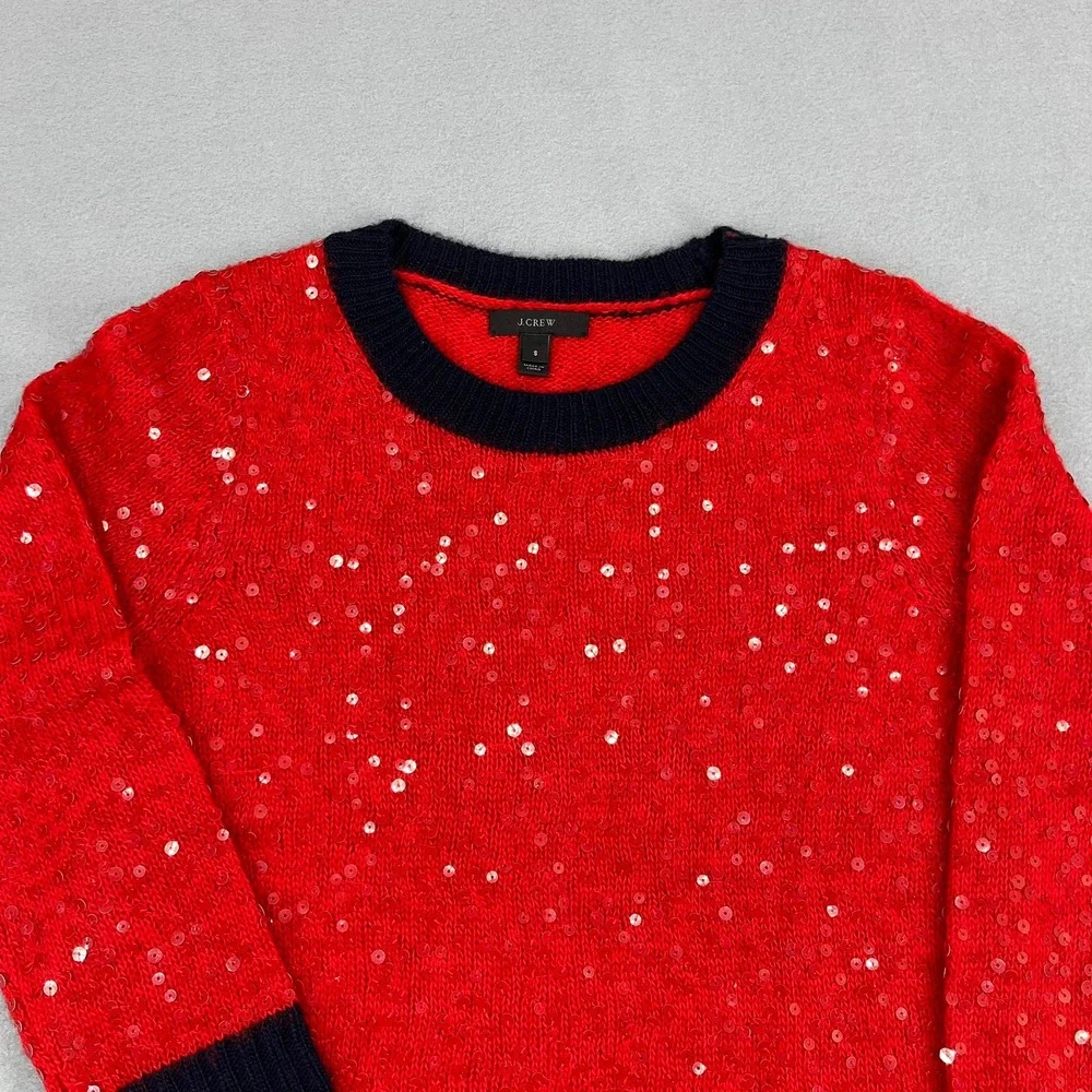 J. Crew Womens‎ Red Sequin Wool Mohair Blend Sweater Navy Trim Small